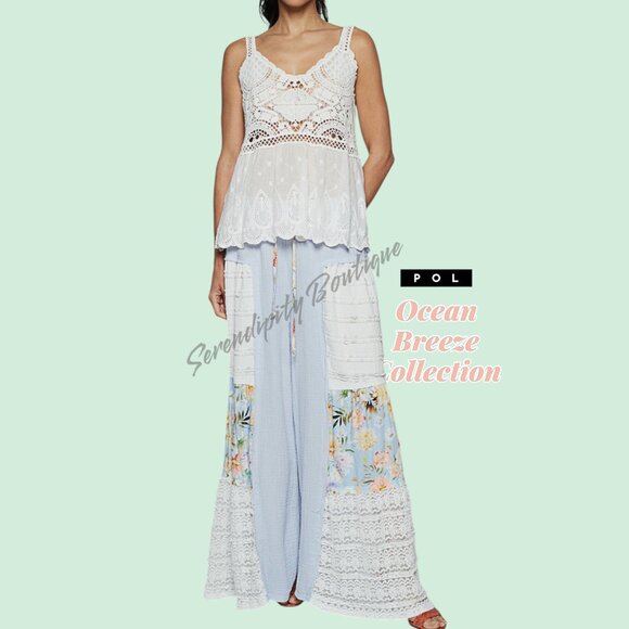 POL Flowy Lace & Double Gauze Floral Patch Palazzo Wide Leg Breezy Pants - Picture 2 of 11